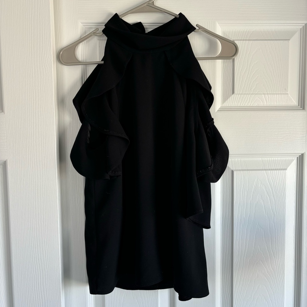 Topshop Blouse Women's Black Cold Shoulder Ruffle Half Sleeve High Neck Size 2